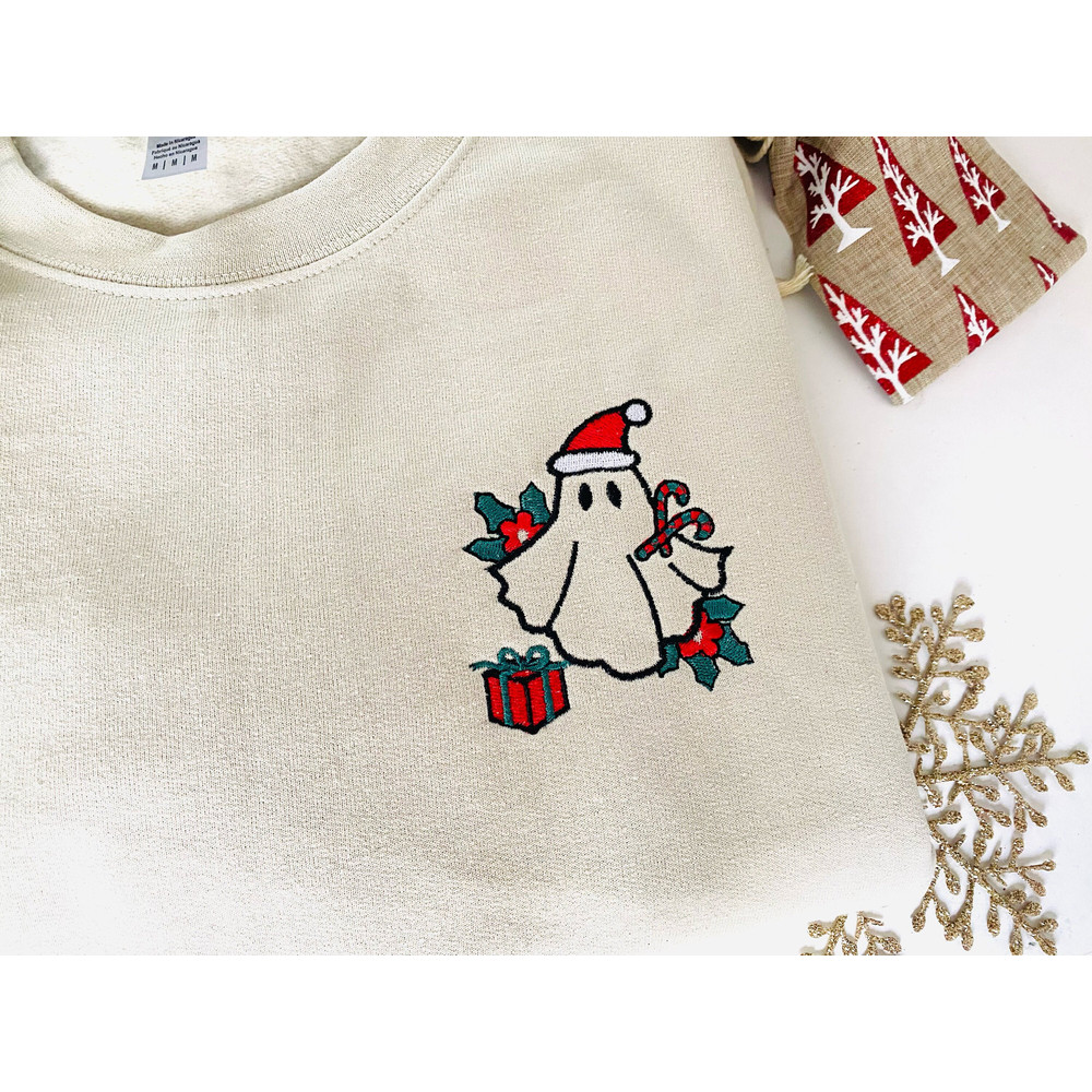 Embroidered Christmas Ghost Sweatshirt, Ghost With Present, Funny Embroidered Crewneck, Embroidery Xmas Gift For Her, Winter Sweatshirt.jpg