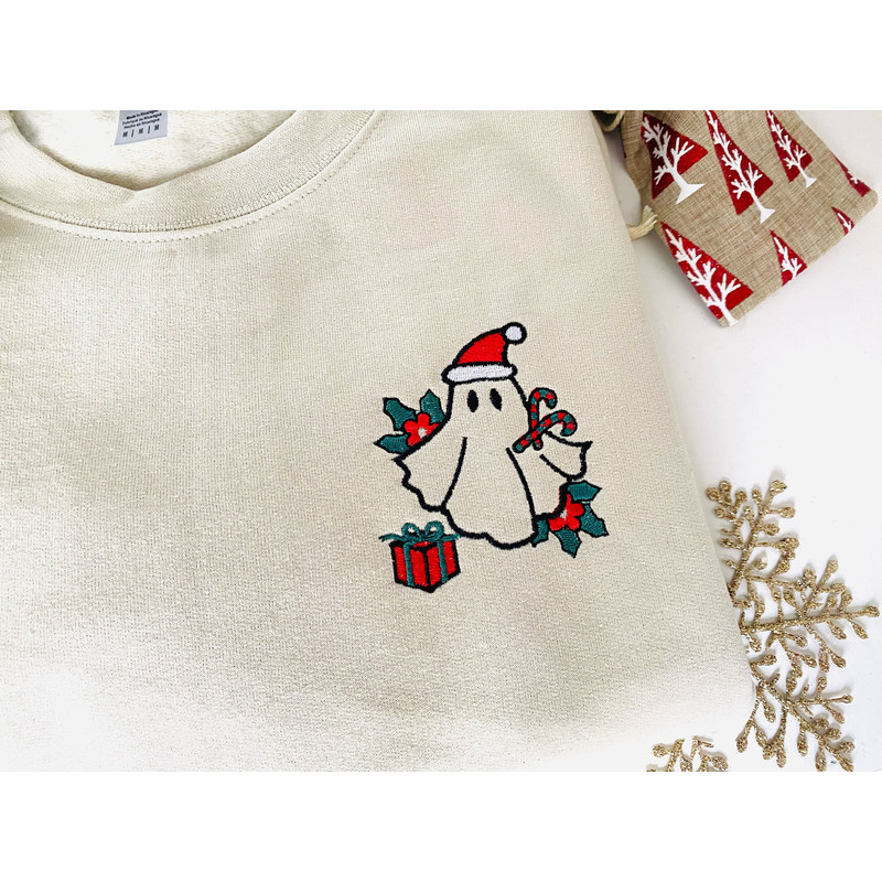 Embroidered Christmas Ghost Sweatshirt, Ghost With Present, Funny Embroidered Crewneck, Embroidery Xmas Gift For Her, Winter Sweatshirt.jpg