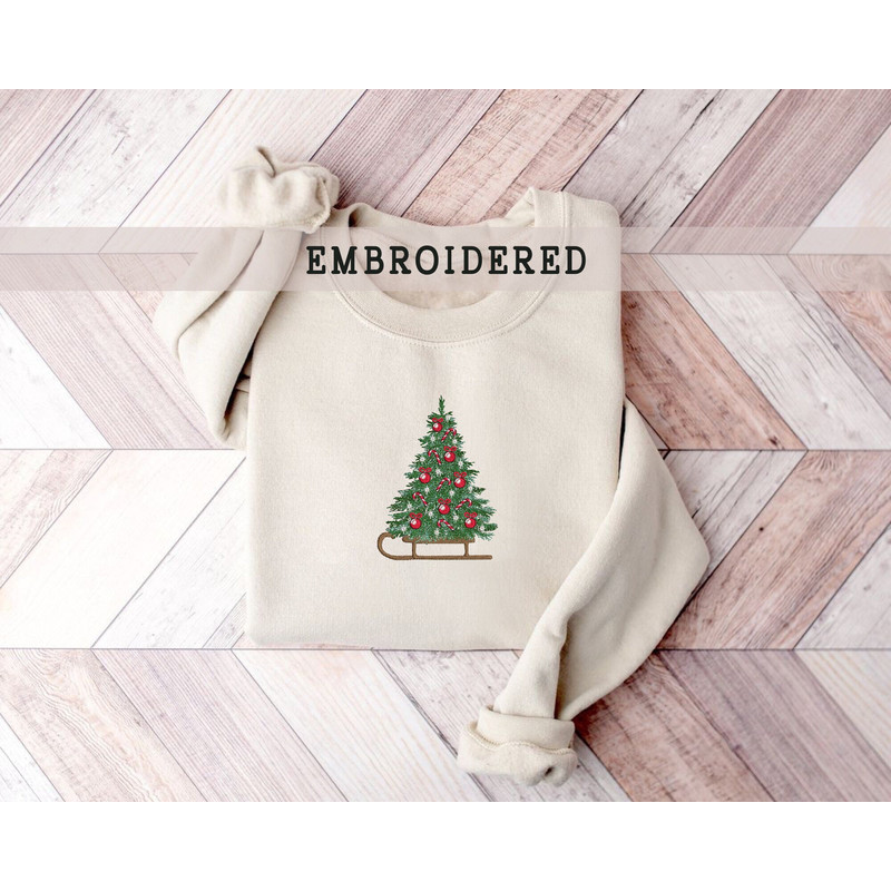 Embroidered Christmas Tree Sweatshirt, Holiday Sweatshirt, Winter Sweater, Merry Christmas Santa Gift Sweatshirt, Christmas Tree on Sleigh.jpg