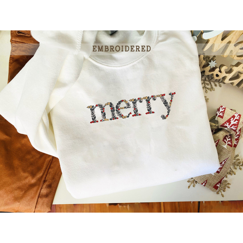Embroidered Floral Merry Christmas Sweatshirt, Family Xmas Crewneck, Embroidered Christmas Pullover, Embroidered Xmas Gift.jpg