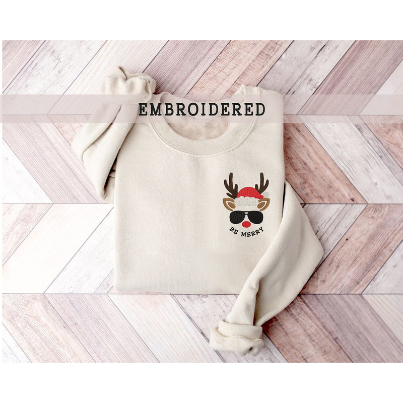 Embroidered Reindeer Sweatshirt, Xmas Gift, Be Merry Sweatshirt, Funny Christmas Sweater, Christmas Characters, Family Holiday Sweatshirt.jpg
