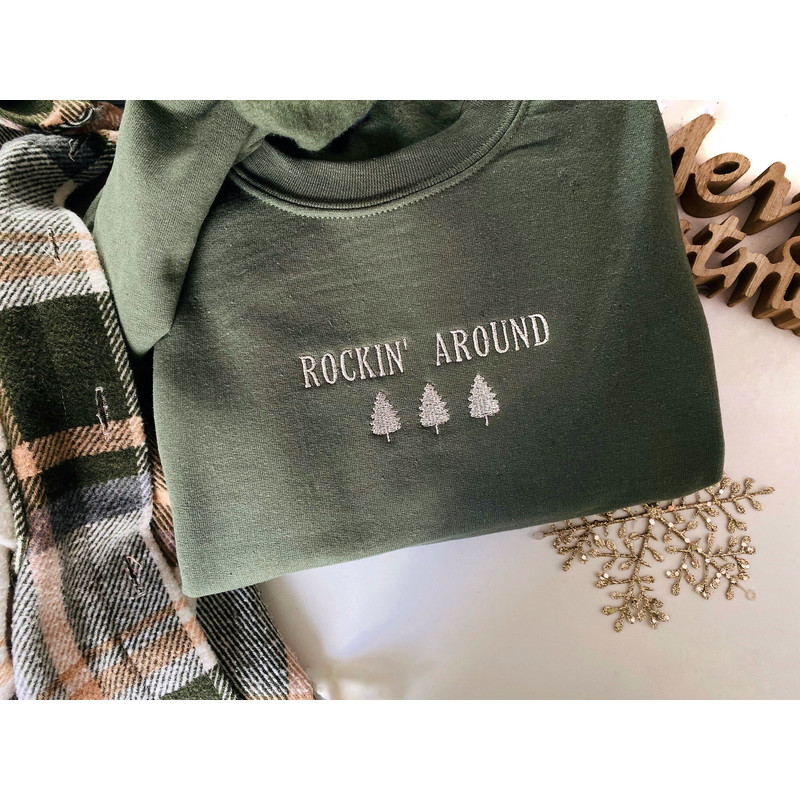 Embroidered Rockin Around Sweatshirt, Holiday Sweatshirt, embroider Christmas Tree, Gift For Her, Minimal Merry Xmas Crew, winter Sweater.jpg