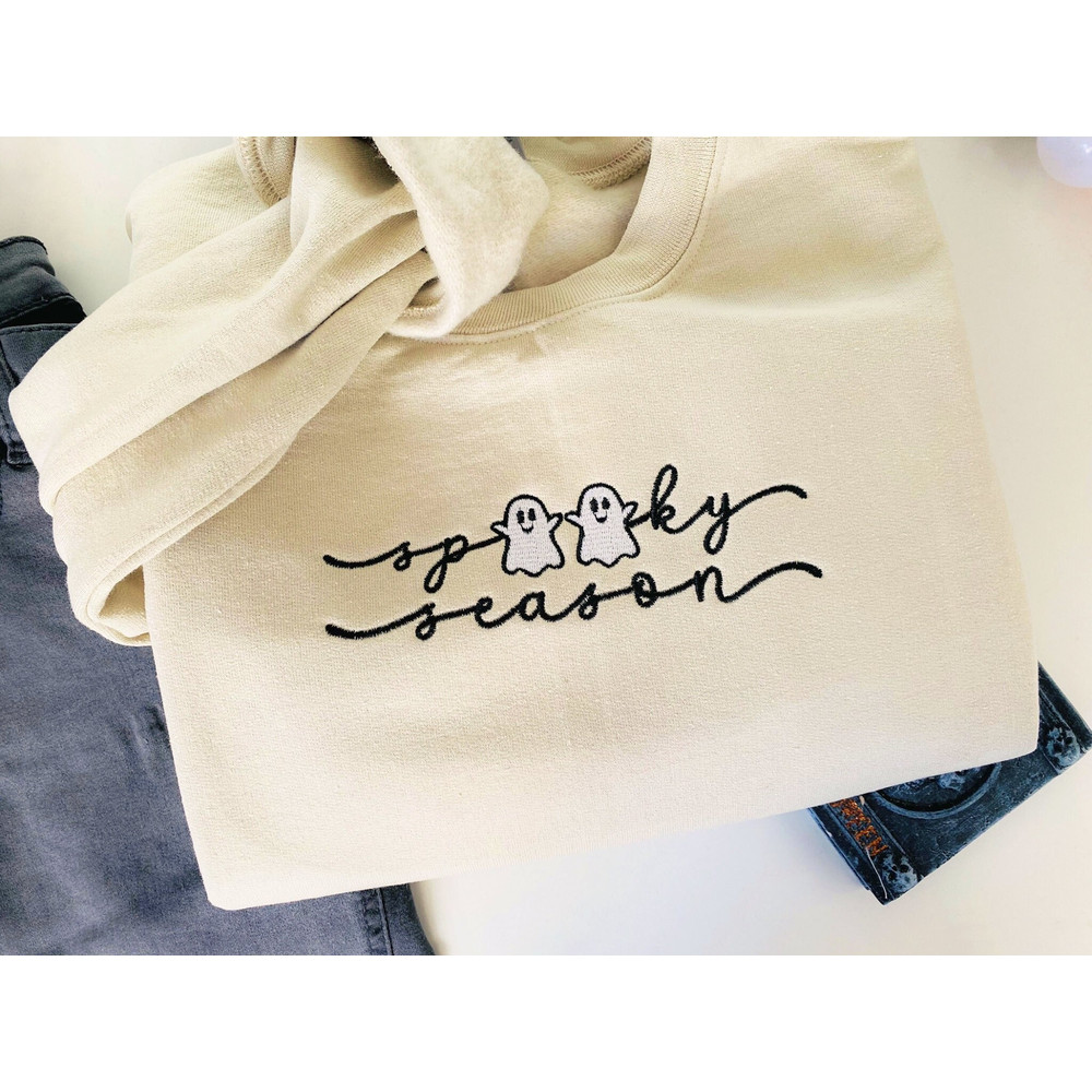 Embroidered Spooky Season Sweatshirt, Fall Sweatshirt, Ghost Crewneck, Halloween Sweatshirt, Funny Halloween, Gift For Her,.jpg