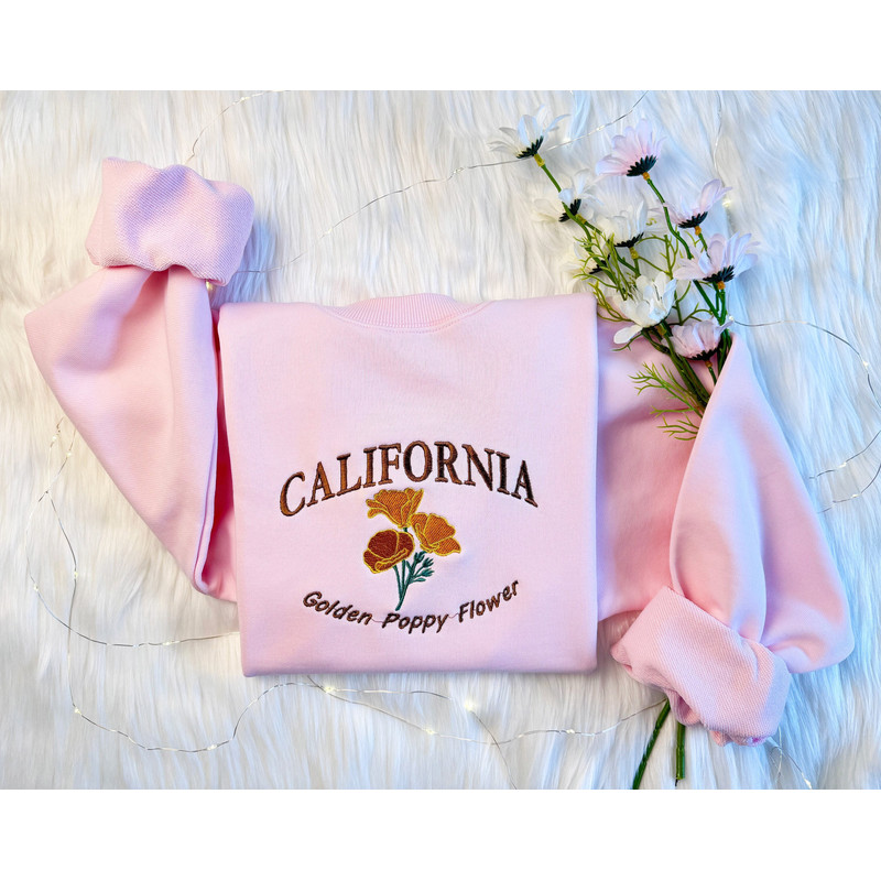 California State Embroidered Sweatshirt Golden Poppy Flower Embroidered Hoodie California Flower Sweater Flower Crew Neck Sweatshirt.jpg