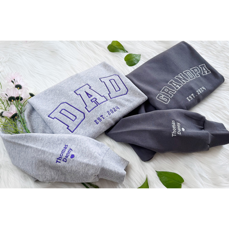 Custom Embroidered Sweatshirt Name On Sleeve With Heart Embroidered Sweatshirt Grandpa DAD EST YEAR Sweatshirt Crew Neck Sweatshirt 2.jpg