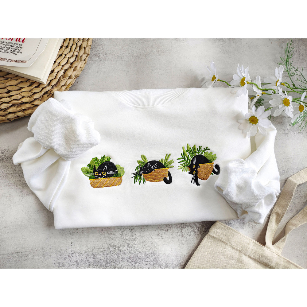 Cute Black Cat And Plants Embroidered Crewneck,Cat Embroidered Sweatshirt,Embroidered Plants crewneck,Gift for Cat Lover.jpg