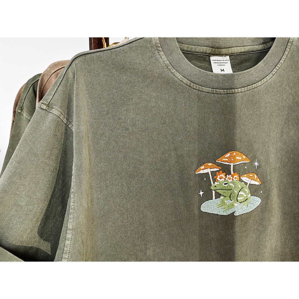 Frog and Mushroom Embroidered Tshirt,Personalised Vintage Unisex Shirt,Oversized tshirts,Gifts for herhe,Nature Lover's Gift.jpg
