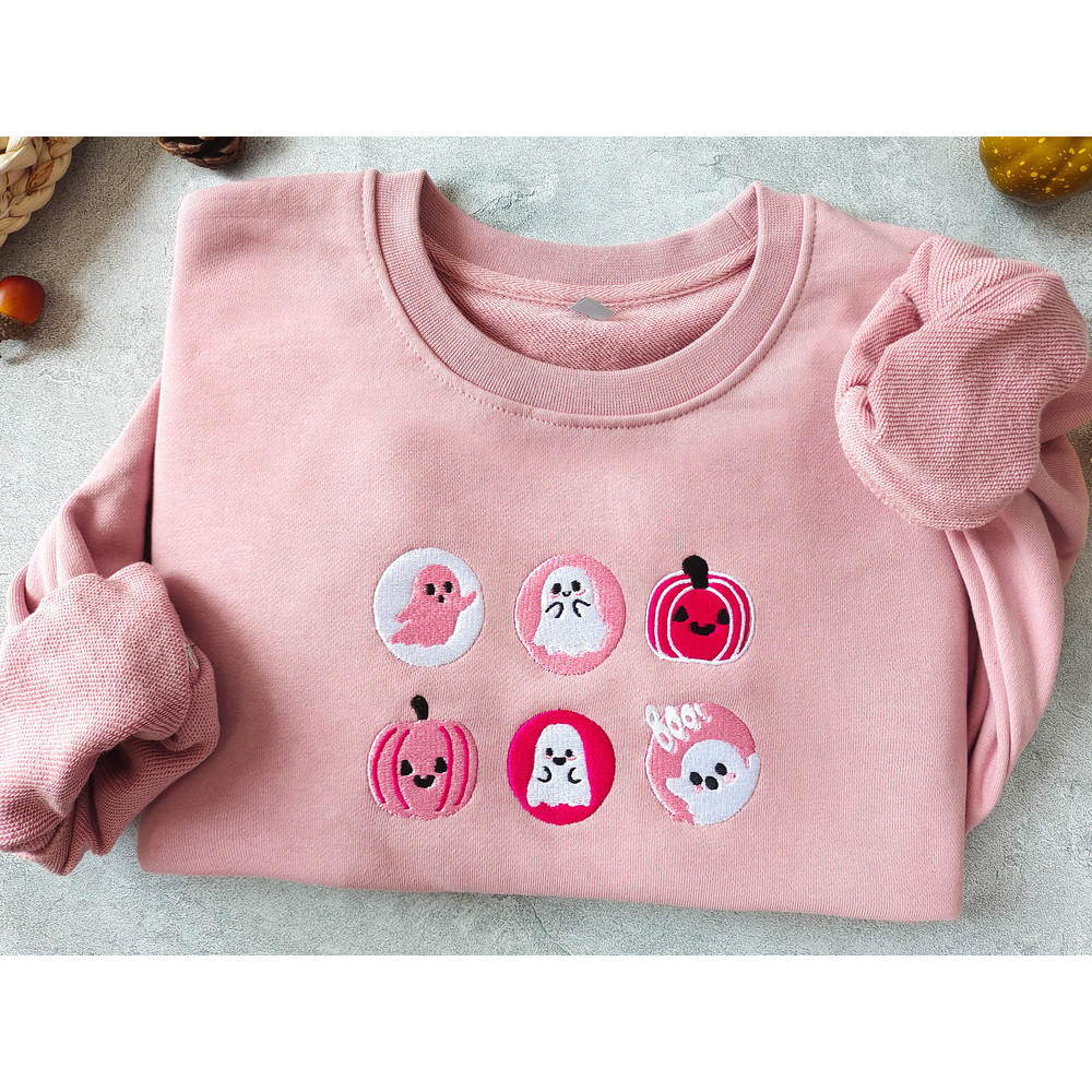 Halloween Cookies Boo Embroidered Sweatshirt, Pink Spooky Season Crewneck Sweatshirt, Ghost and Pumpkin Embroidered,Halloween Sweatshirt.jpg