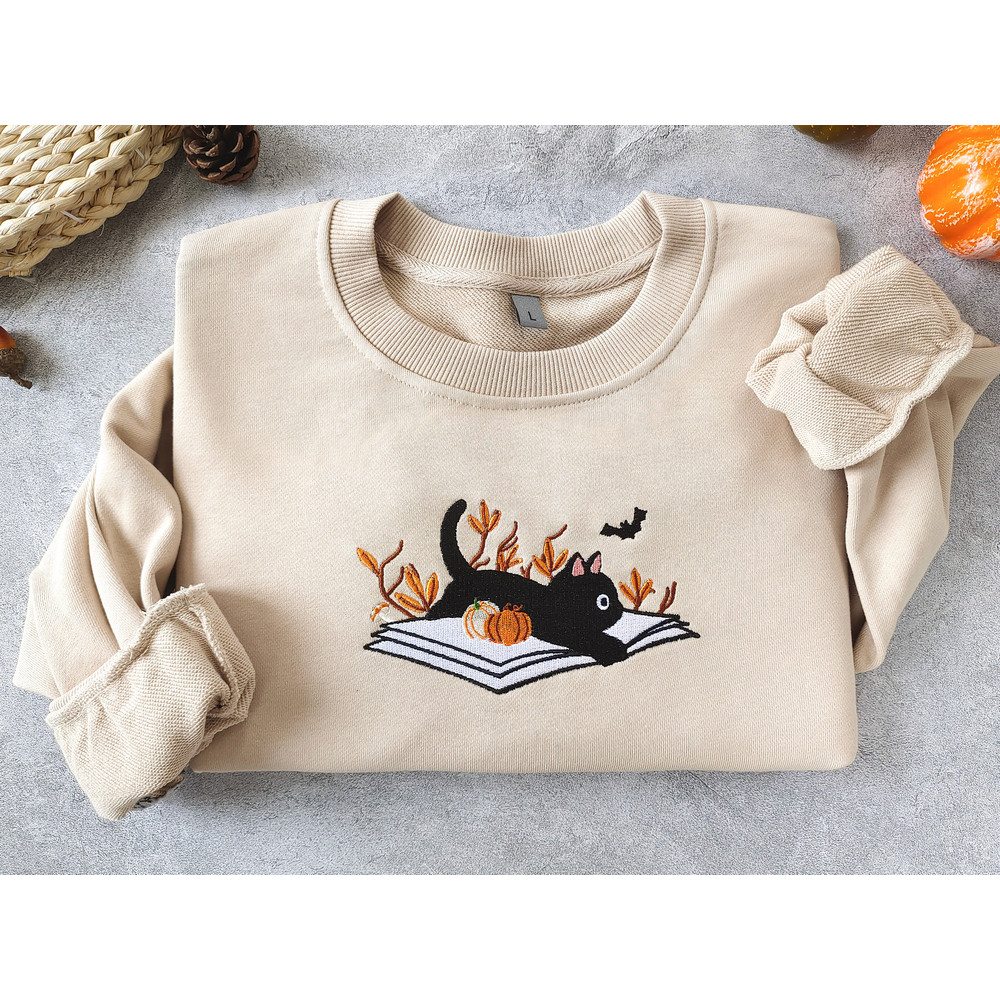 Halloween Sweatshirt, Fall sweatshirt, EmbroideredHalloween Cat Shirt,Cat sweater,Black Cat Shirt,Book Crewneck,Fall Clothing.jpg