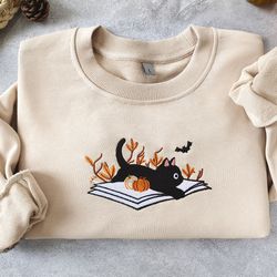 halloween sweatshirt, fall sweatshirt, embroideredhalloween cat shirt,cat sweater,black cat shirt,book crewneck,fall clo