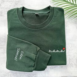 Personalized Embroidered Mama Sweatshirt with Childrens names on Sleeve,Custom Embroidery Mom Crewneck, Gift For New Mom