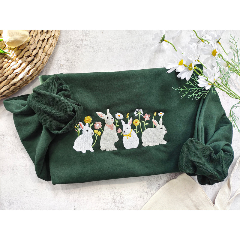 Rabbit And Flower Embroisered Sweatshirt,Crewneck sweatshirt,Cute Rabbit sweatshirt,Gift for her,Gifts for friends,Easter Gifts.jpg
