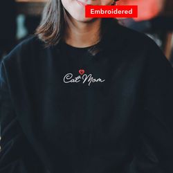 cat mom sweatshirt, cat lover gift, embroidered cat crewneck, cat mama sweater