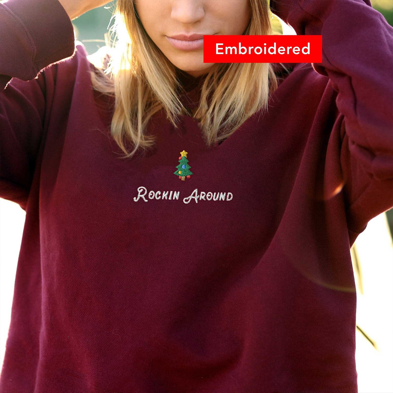 Christmas Tree Crewneck Sweatshirt Embroidered, Rockin Around, Cute Holiday Sweater.jpg