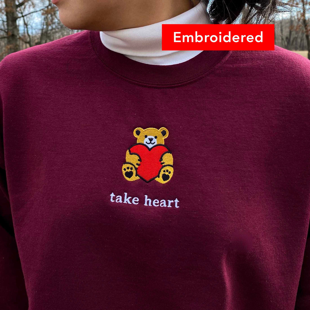 Teddy Bear Heart Sweatshirt, Christian Crewneck Embroidered, Take Heart.jpg