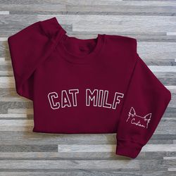 cat milf embroidered sweatshirt, embroidered cat milk gift, cat milk shirt with cat names and cat ears on sleeve, dog mi