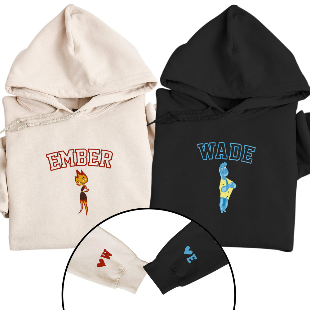 Embroidered Disney Couple Sweatshirt, Ember And Wade Hoodie, Custom Anniversary Date Couple Hoodies, Custom Initials With Heart Sleeve.jpg