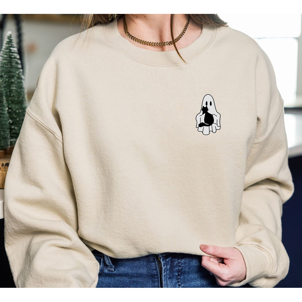 Embroidered Ghost Black Cat Sweatshirt, Halloween Sweatshirt, Fall Sweatshirt for Women, Halloween Crewneck, Ghost Shirt, Spooky Season.jpg
