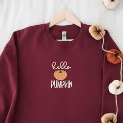 embroidered hello pumpkin sweatshirts and hoodies halloween season crewnecks spooky season fall embroidery sweatshirt
