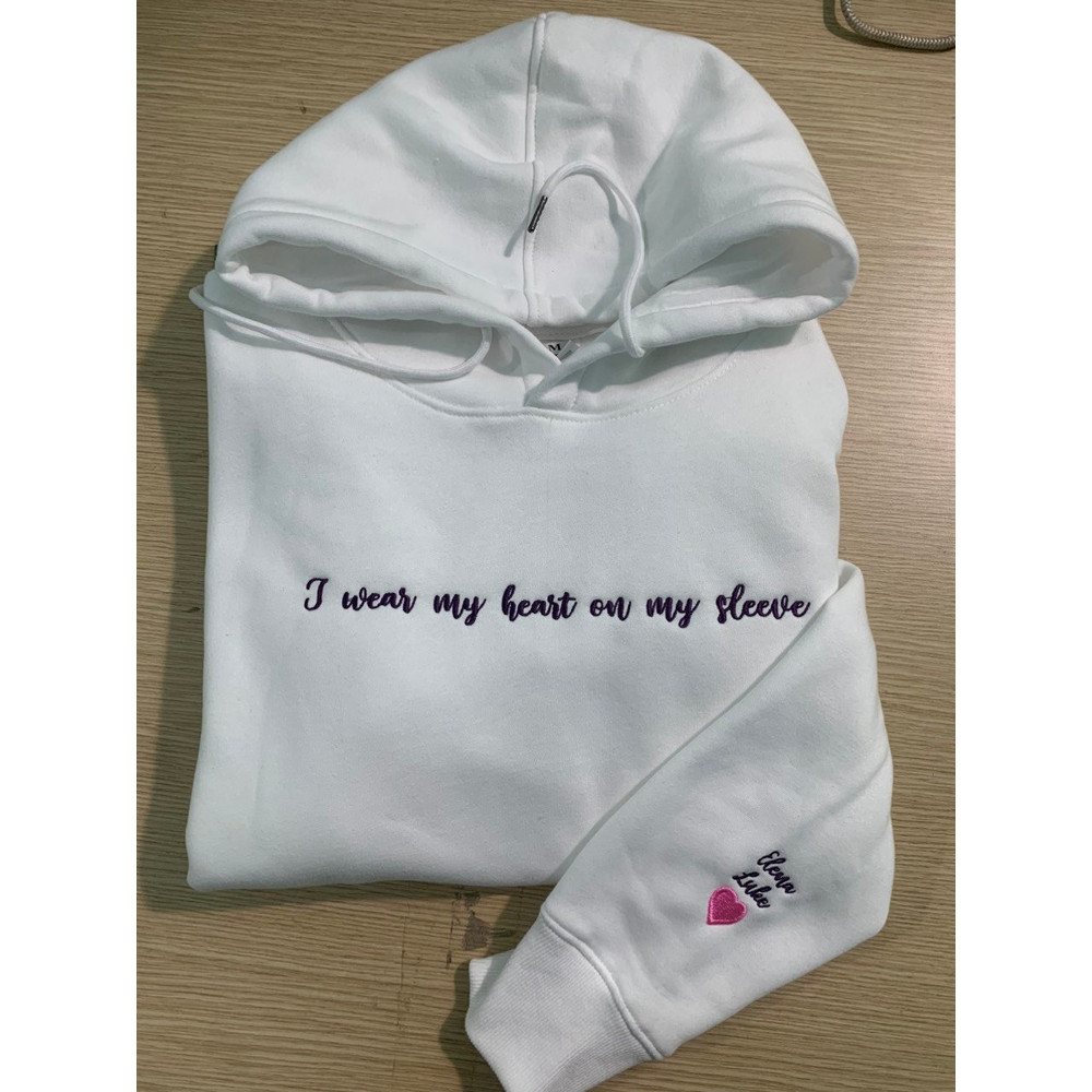 Embroidered I Wear My Heart On My Sleeve Hoodie Sweatshirt with Kids Names on Sleeve, Custom Embroidery Mom Hoodie, New Mom Gift.jpg