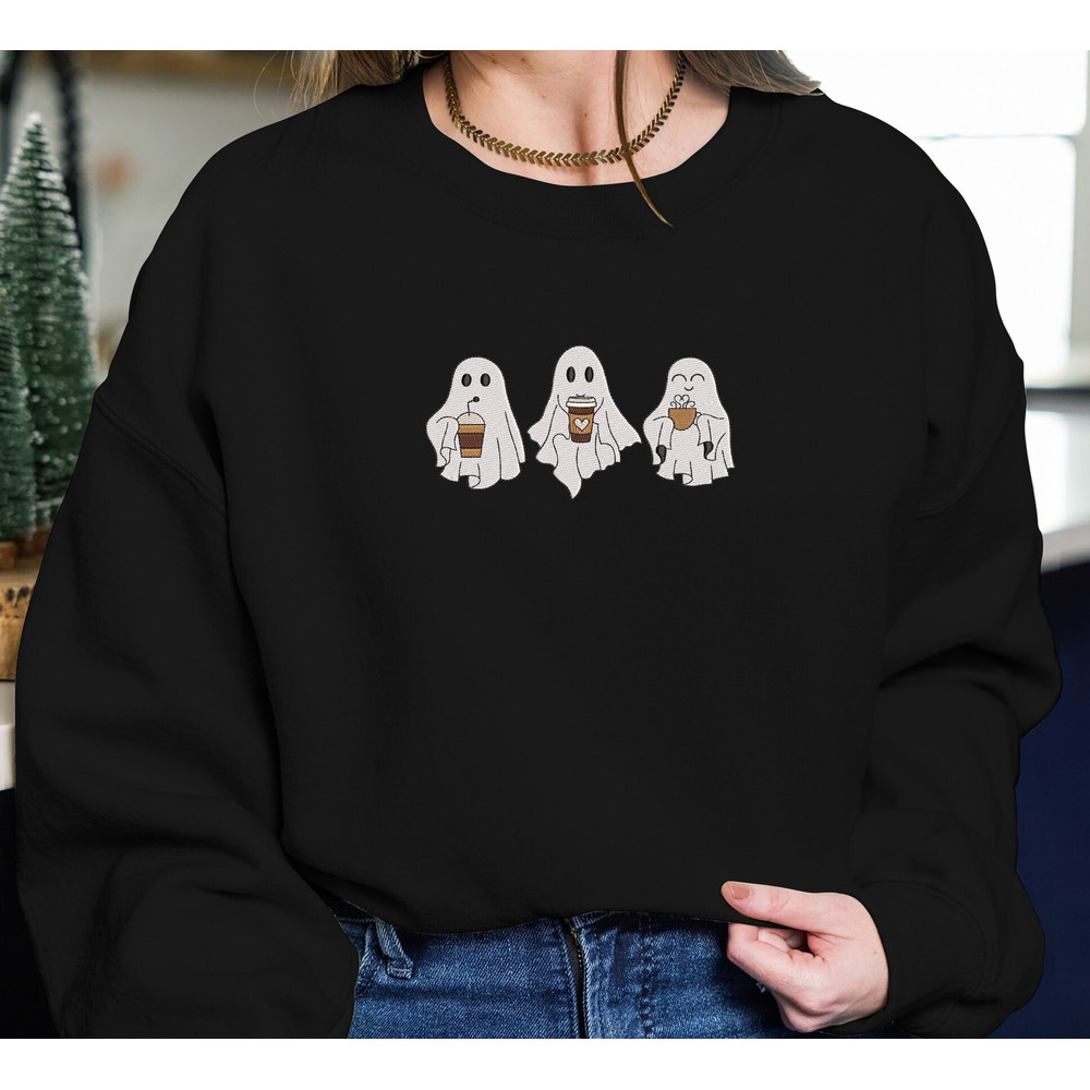 Embroidered Spooky Ghost with Coffee Shirts, Halloween Skull Coffee Embroidered Sweatshirt, Fall Cute Spooky Coffee Embroidered shirts.jpg