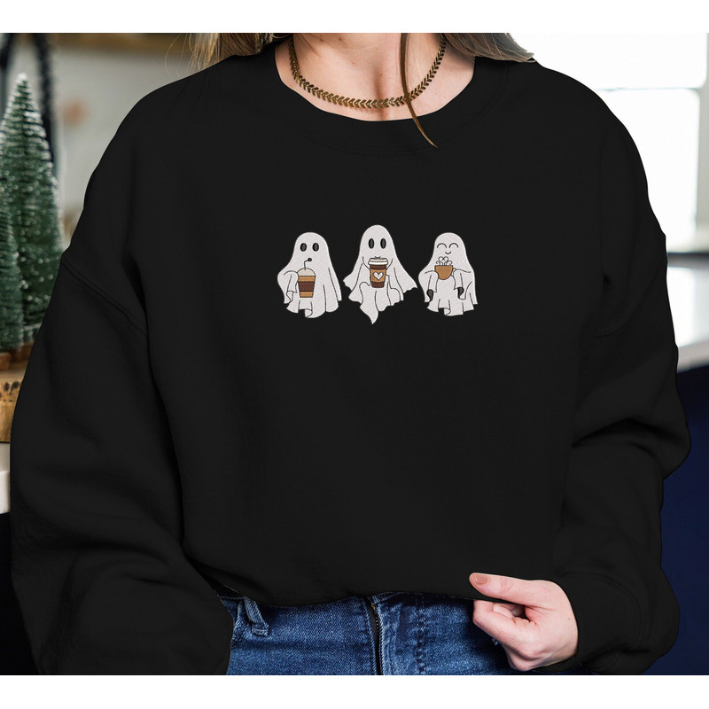 Embroidered Spooky Ghost with Coffee Shirts, Halloween Skull Coffee Embroidered Sweatshirt, Fall Cute Spooky Coffee Embroidered shirts.jpg