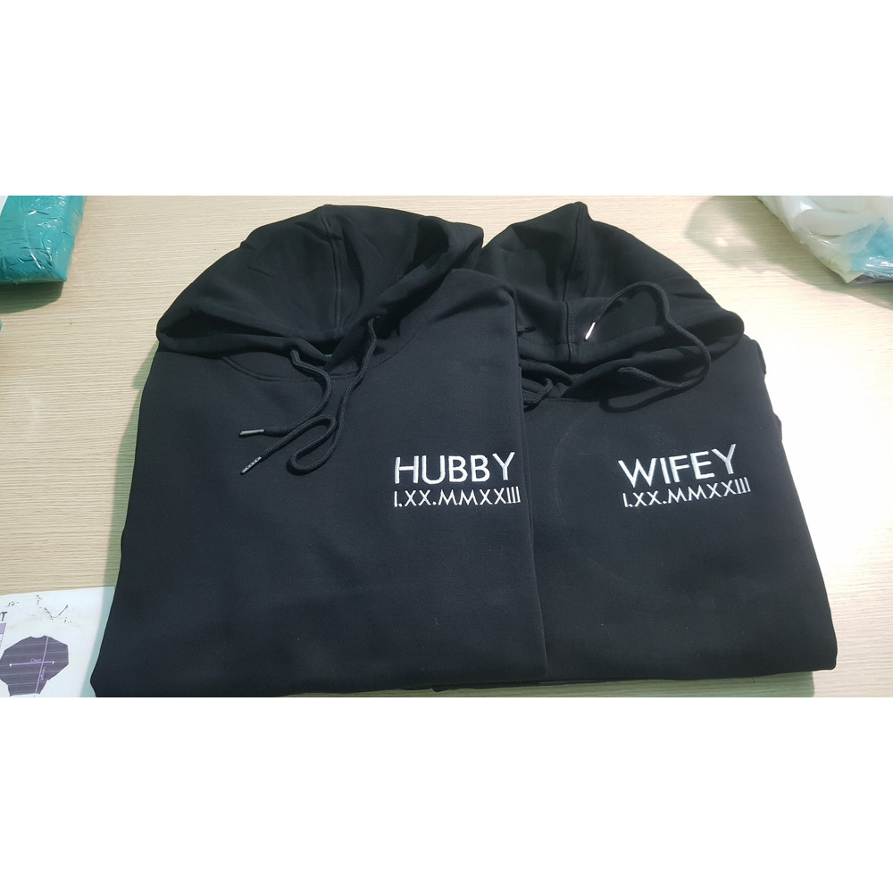 Hubby x Wifey Roman Numeral Embroidered Matching Hoodie, Custom Anniversary Date Couple Hoodies, Custom Initials With Heart Sleeve Jumper.jpg