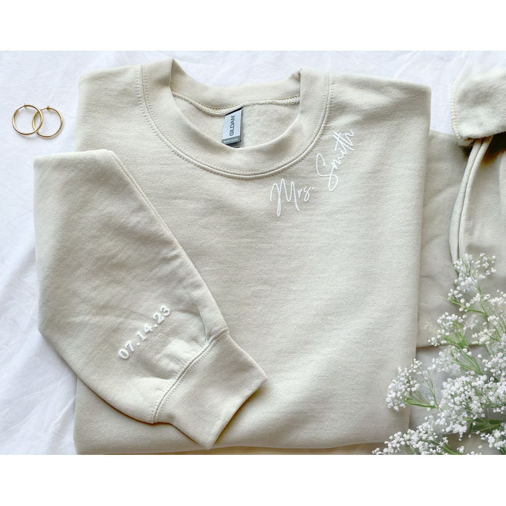 Personalized Mrs Sweatshirt, Custom Wedding Gift, Anniversary Gift for Her, Mrs Neckline Embossed Sweater, Wedding Date Sleeve, Bride To Be.jpg