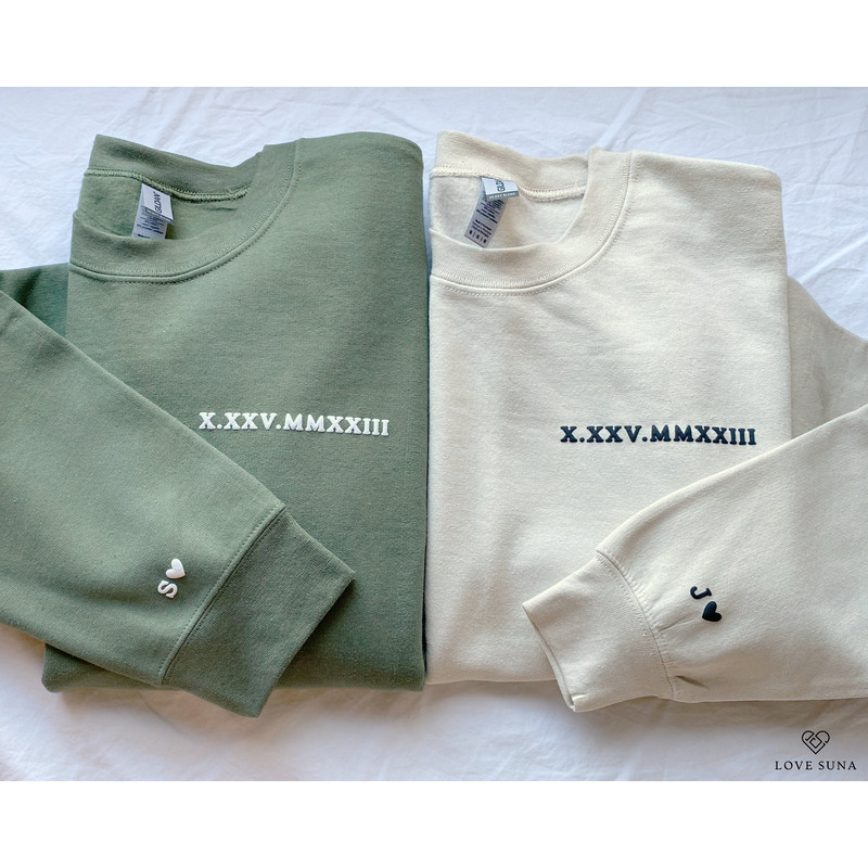 Personalized Roman Numeral Date Sweatshirt, Custom Sleeve Initial Couples Sweater, Valentines Day Gift, Anniversary Gift, Gift for Him.jpg