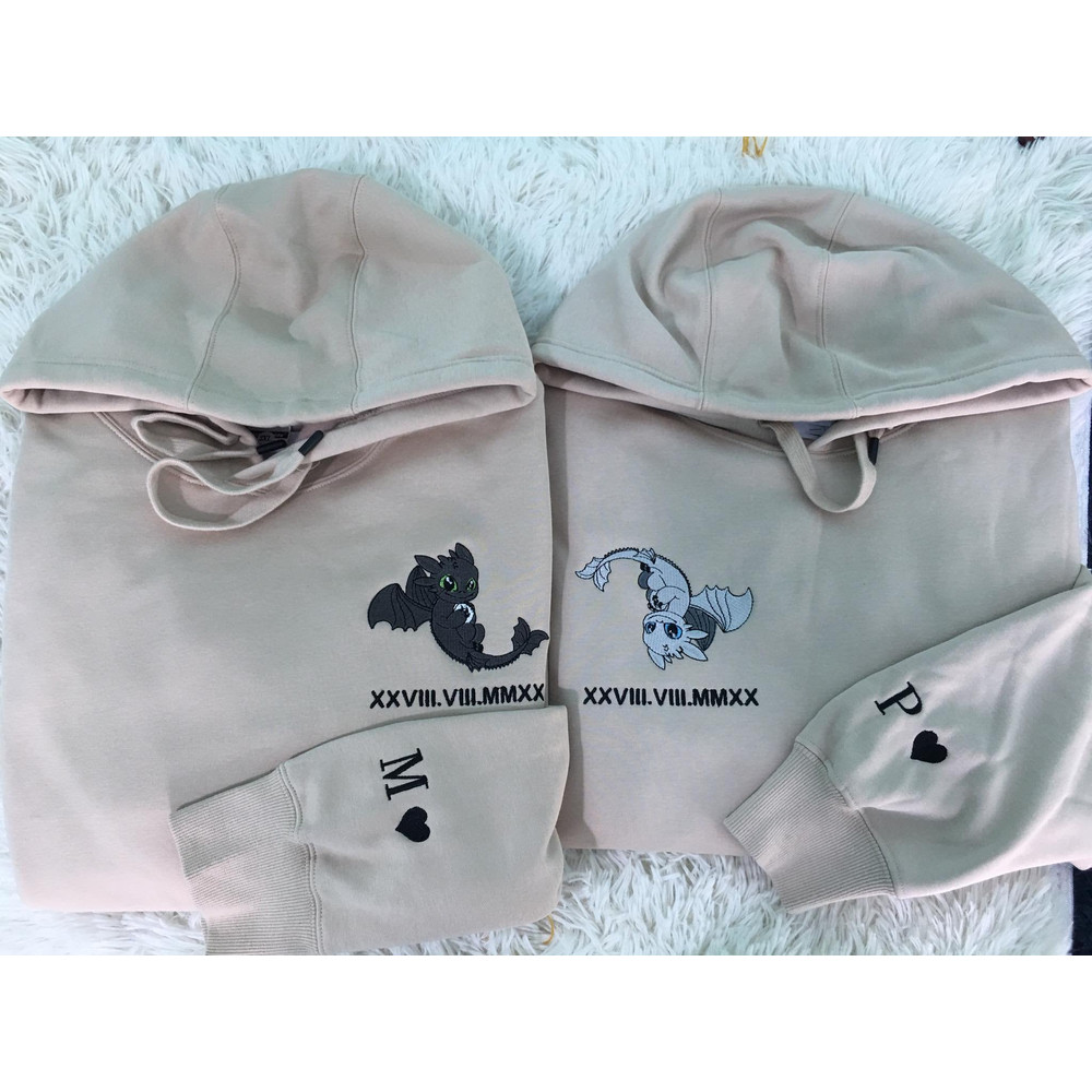 Toothless Night Fury x Light Fury Couple Roman Numeral Embroidered Sweatshirt, Custom Couple Sweater, Valentine's Day, Couple Sweatshirt.jpg