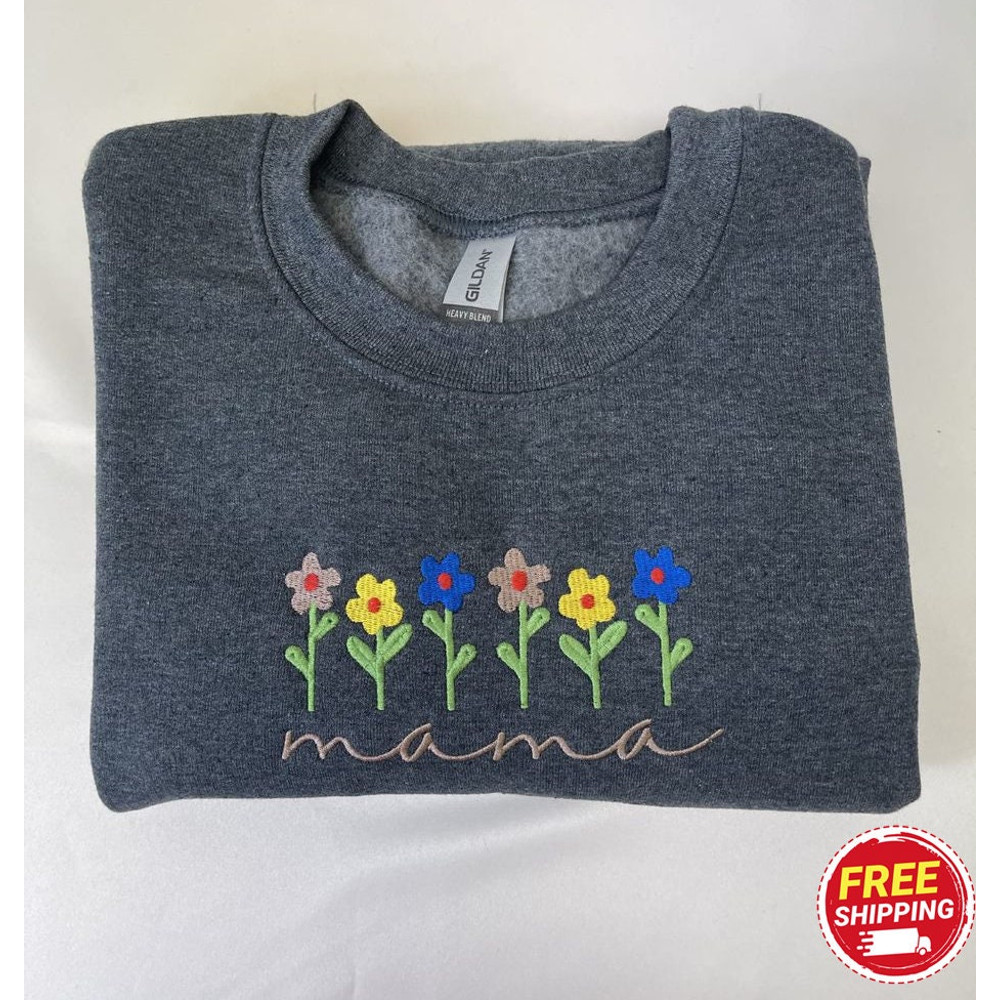Custom Embroidered Sweatshirts, Personalized Flower Mama Embroidered Sweatshirt with Children's Names on Sleeve, Best Gift Mother's Day.jpg