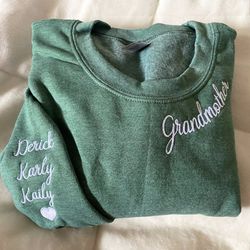 custom grandmother sweatshirt with grandkids name, embroidered grandma hoodie, mama neckline crewneck, mothers day gifts