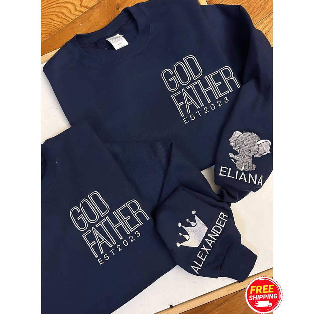 Customized God Father Sweatshirt, God Father Shirt, GodFather Gift, Godfather Proposal Crewneck, Papa With Kid Names On Sleeve, Father's Day.jpg
