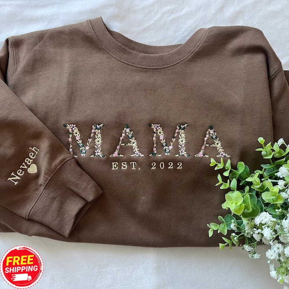 Mama Embroidered Sweatshirt, Customizable EST. Mama Floral Embroidered Sweatshirt with Flower Letter, Name Heart On Sleeve, Gift for Mom.jpg