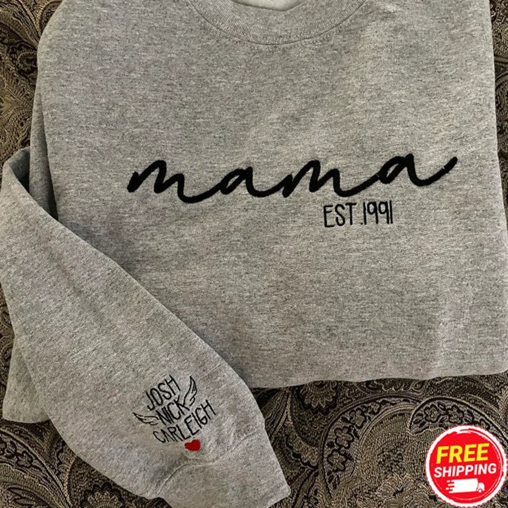 Mama Embroidered Sweatshirt, Embroidered Mama Est Sweatshirt With Name Sleeves Personalized Adult Crewneck, Grandma Shirt Gift for New Mom.jpg