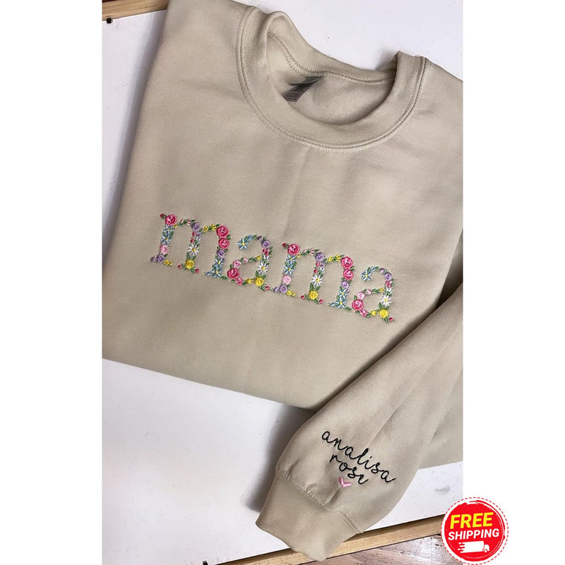 Mama Embroidered Sweatshirt, Mama Floral Embroidered Crewneck with Flower Letter, Mama Floral with Children's names on Sleeve Sweatshirt.jpg