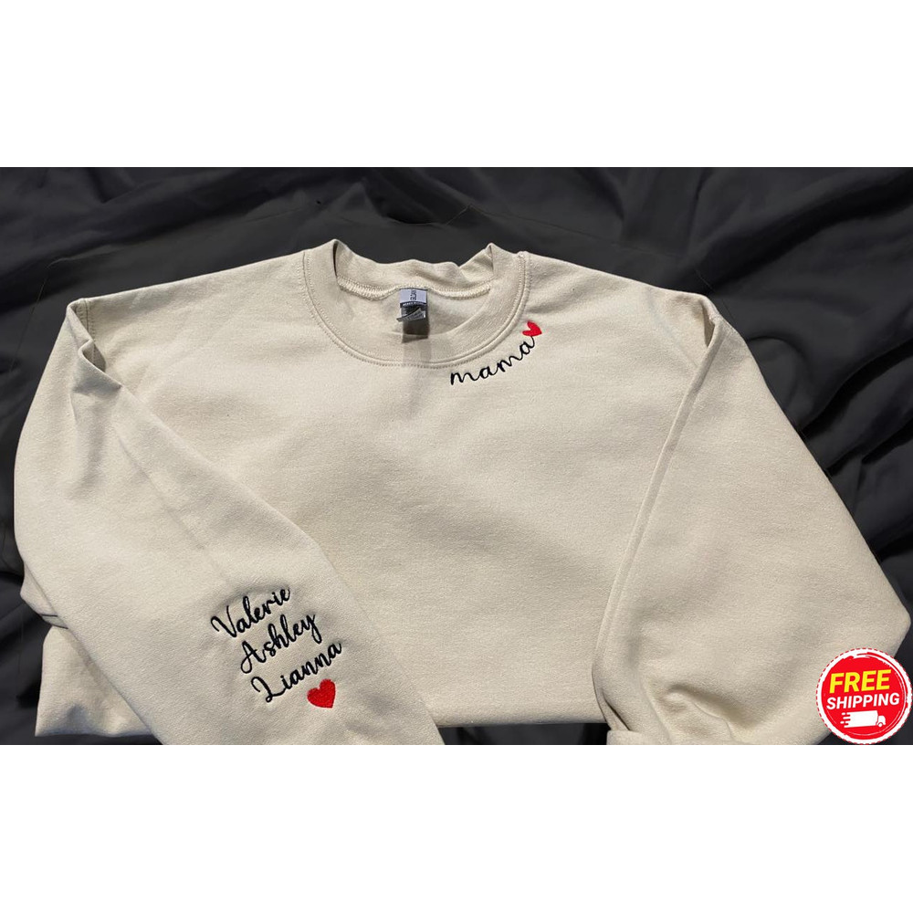 Personalized Embroidered Neck Mama and Sleeve Embroidered Sweatshirt, Embroidered Grandma Crewneck, Grandmother Sweatshirt with Kids Name.jpg