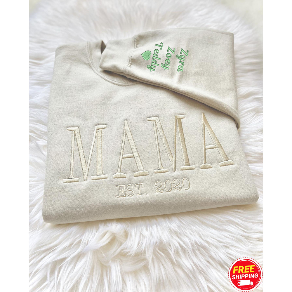 Personalized EST. Mama Embroidered Crewneck Sweatshirt, Embroidered Mom Crewneck With Kids Names on Sleeve, Gift For Mom, Baby Shower Gift.jpg