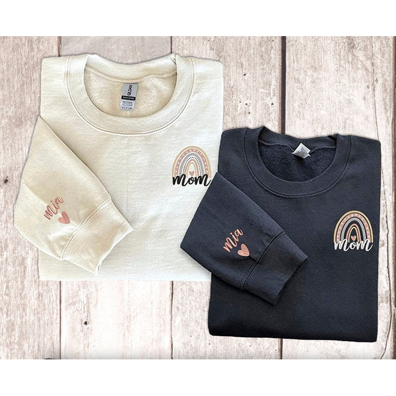 Personalized Mom Rainbow Embroidered Sweatshirt, Custom Mom Rainbow with Names Heart on Sleeve, Pregnancy Reveal Hoodie Gift For New Mom.jpg