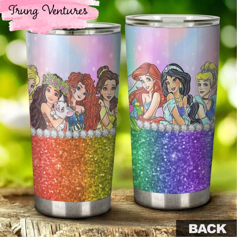 Cartoon Movie Disney Princess Colorful Rainbow Bling Glitter Stainless Steel Tumbler For Disney Fan.jpg