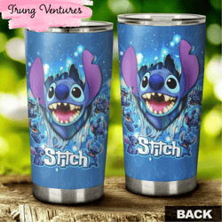 cartoon movie stitch ears blue glitter stainless steel tumbler for disney fan