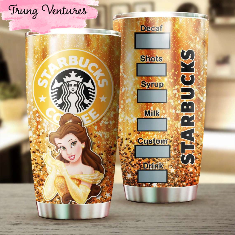 Cartoon Movie Yellow Belle Starbucks Glitter Stainless Steel Tumbler For Disney Fan.jpg