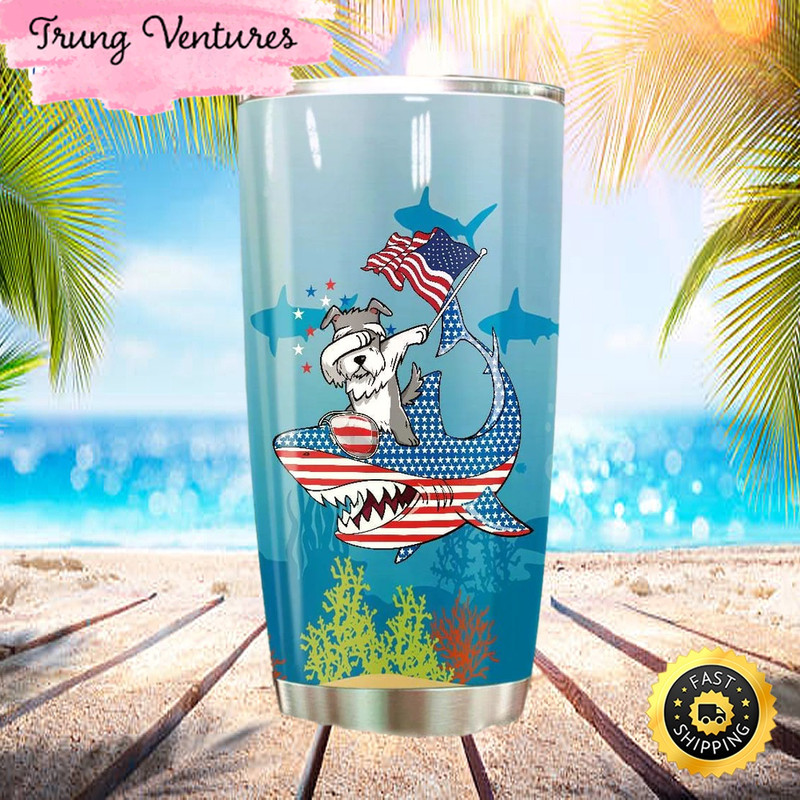 Dabbing Schnauzer Rides Shark Tumbler Independence Day.jpg