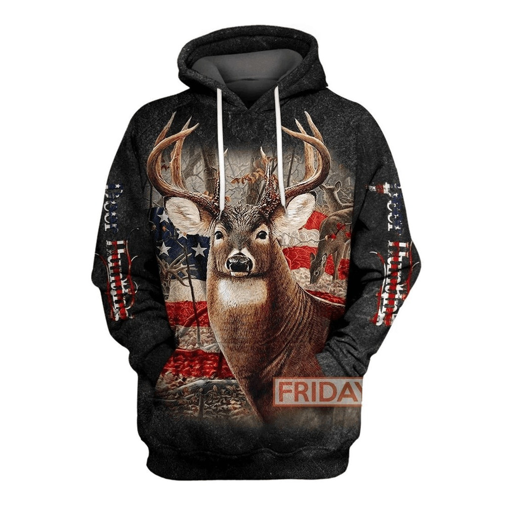 Deer American Flag Hunting All Over Print Hoodie Zip Hoodie Fleece Hoodie 3D, Love Hunting Hoodie Zip Hoodie 3D t46