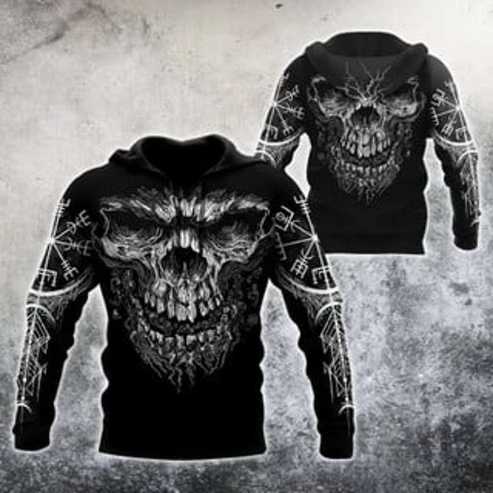 Skull and Vegvisir Hoodi Viking All Over Print Hoodie Zip Hoodie Fleece Hoodie 3D, Love Hunting Hoodie Zip Hoodie 3D L53