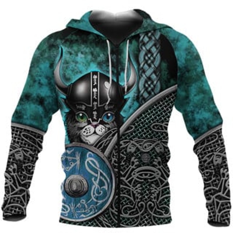 Cat 3D Zip Viking All Over Print Hoodie Zip Hoodie Fleece Hoodie 3D, Love Hunting Hoodie Zip Hoodie 3D L56
