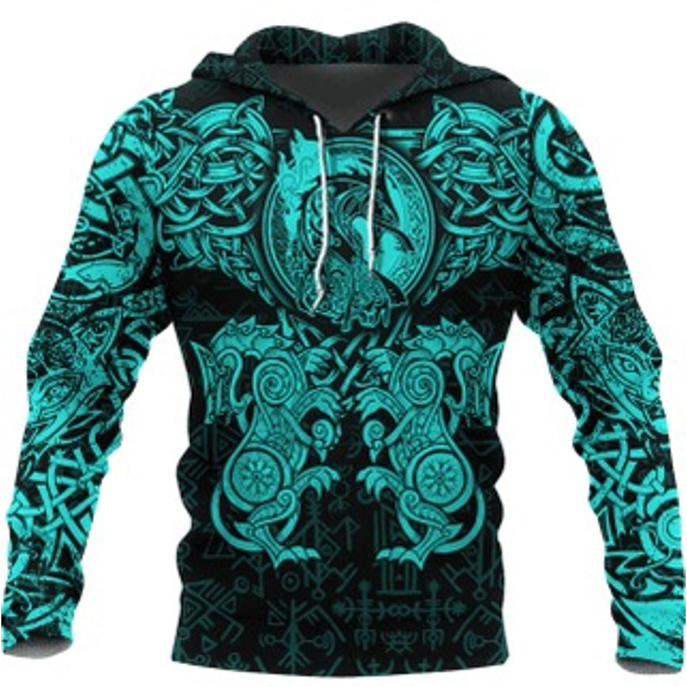 Wolf Tattoo Cyan Viking All Over Print Hoodie Zip Hoodie Fleece Hoodie 3D, Love Hunting Hoodie Zip Hoodie 3D L192