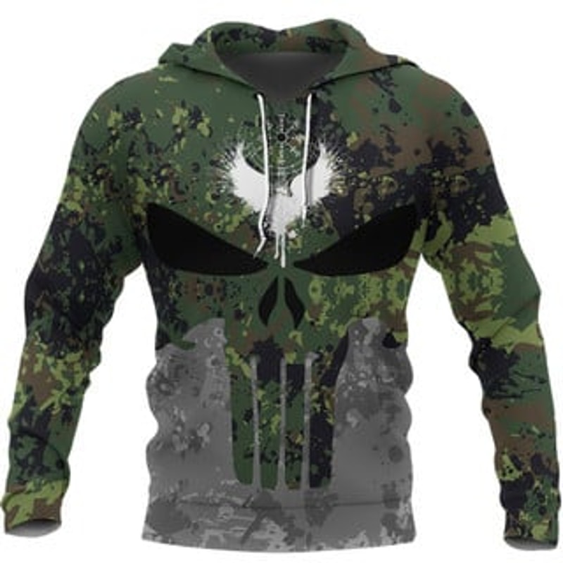 Skull Punisher Style Viking All Over Print Hoodie Zip Hoodie Fleece Hoodie 3D, Love Hunting Hoodie Zip Hoodie 3D L236
