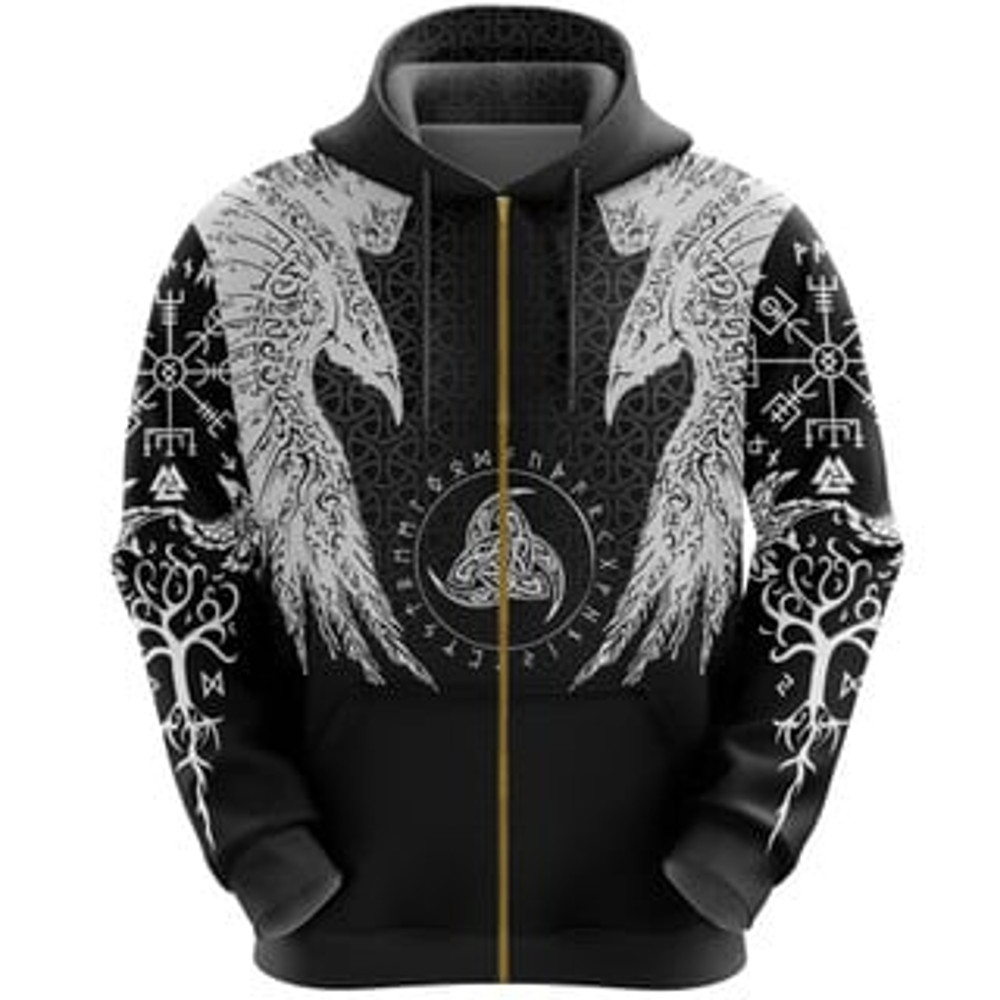 Muninn Tattoo Viking All Over Print Hoodie Zip Hoodie Fleece Hoodie 3D, Love Hunting Hoodie Zip Hoodie 3D L321