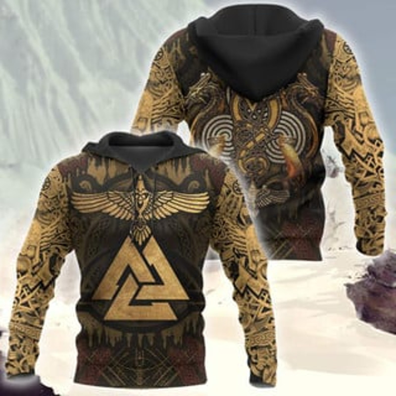Golden Huginn Tattoo Viking All Over Print Hoodie Zip Hoodie Fleece Hoodie 3D, Love Hunting Hoodie Zip Hoodie 3D L411